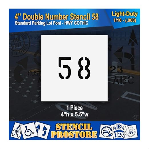 Pavement, Curb, and WheelStop Stencils - 4 inch Double Number Stencil - (58) - 4" x 5.5" x 1/16" (63 mil) - Light-Duty