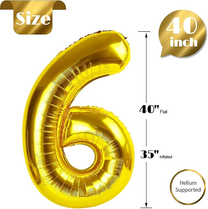 Gold 6 Balloon, Number Balloon 40 Inch, Gold and Black Party Supplies 6th Balloons for Birthday, 6 Birthday Balloon, Number 6 Balloon