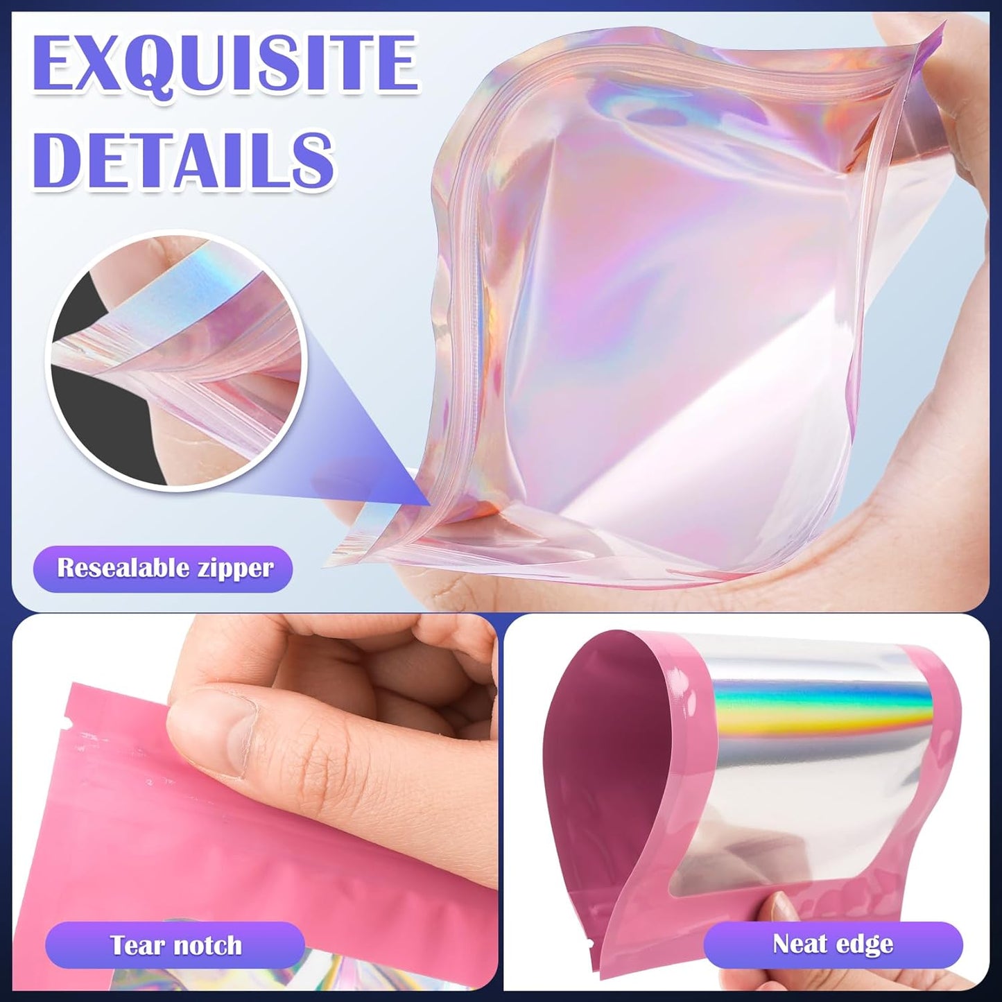 300 Pcs Mylar Bags, Smell Proof Bags Foil Pouch, Holographic Resealable Bags for Small Business, Candy Sample Jewelry Bag Sealable Packaging for Party Favor Food Storage (5.5x7.9in-Pink)