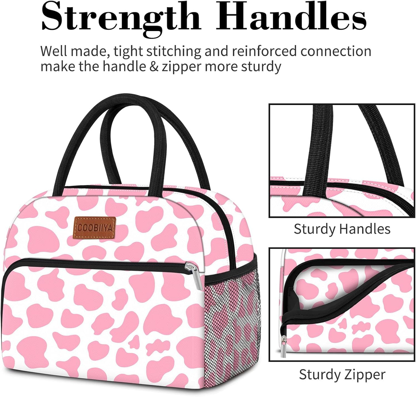 Coobiiya Lunch Bag Women, Lunch Box for Women Adult Men, Small Leak-proof Cute Lunch Tote Large Capacity Reusable Insulated Cooler Lunch Container for Work/Office/Picnic/Travel-Pink Cow