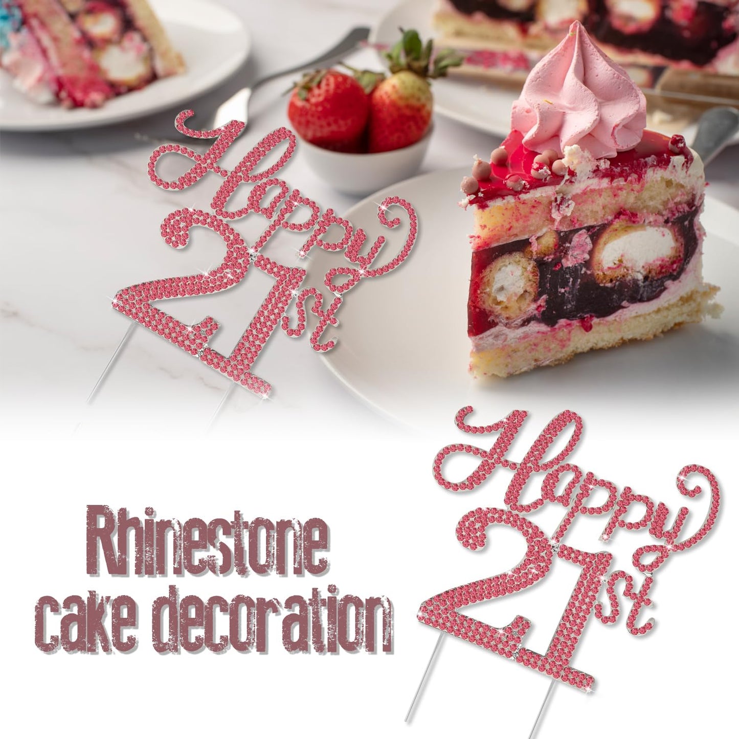 LASKYER Happy 21st Birthday Decorations,21st Birthday Silver & Red Rhinestone Cake Topper - Cheers to 21 Years Old Bday Party Metal Sparkly Cake Centerpieces Sign.