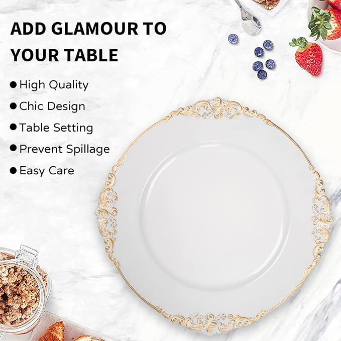 MAONAME White Charger Plates with Gold Rim, Round Antique Plate Chargers for Dinner Plates, 13" Plastic Charger for Wedding Table Setting, Set of 6