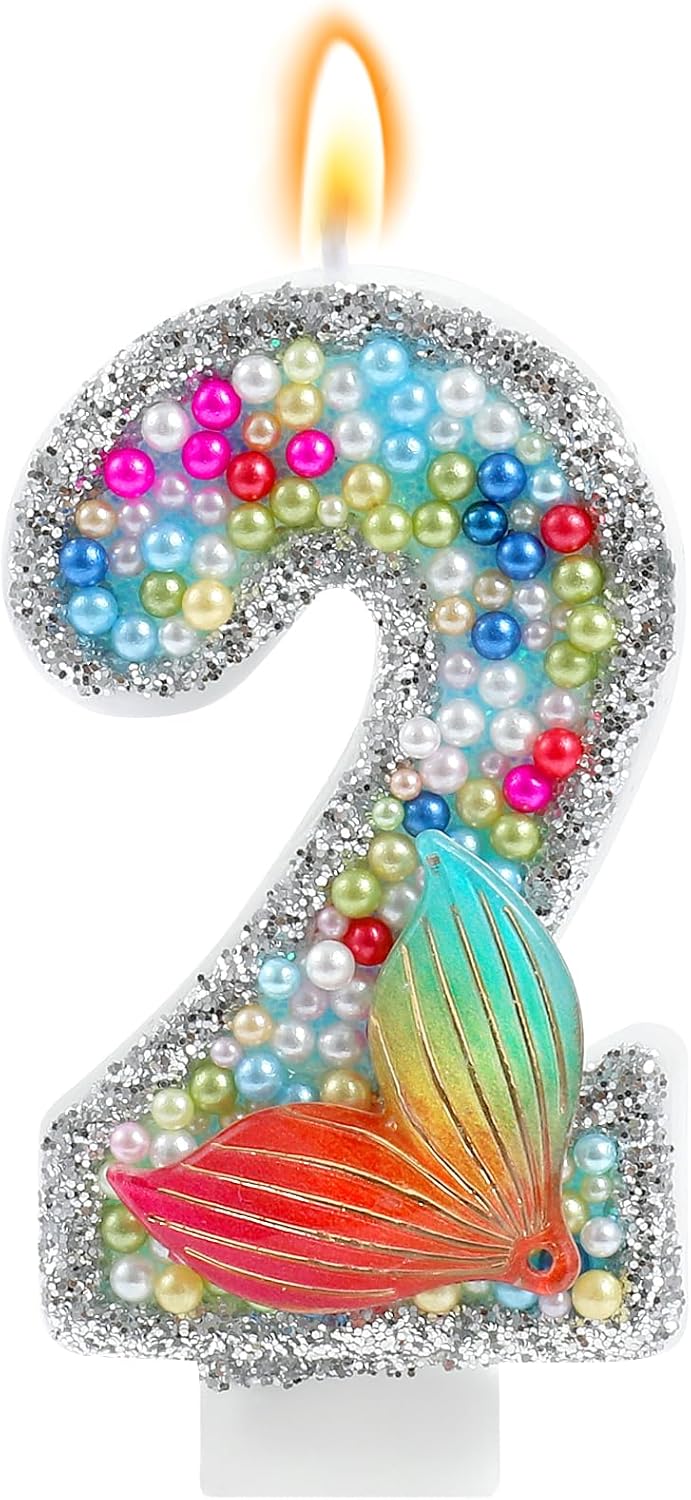 Mermaid Number 2 Candles, Red Blue Mermaid Birthday Candles Little Mermaid Theme Party Decorations for Cake Topper Anniversary Celebrations Supplies（Number 2）