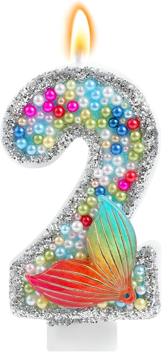 Mermaid Number 2 Candles, Red Blue Mermaid Birthday Candles Little Mermaid Theme Party Decorations for Cake Topper Anniversary Celebrations Supplies（Number 2）