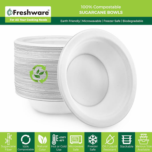 Freshware Paper Bowls - Disposable 16 oz. Soup Bowl, 125-Pack Biodegradable Sugarcane Fiber Serving Bowls - Heavy Duty Bagasse for Hot Food Plates - Microwave & Freezer Safe, Stackable Dinnerware