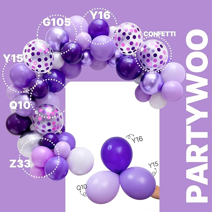 PartyWoo Purple Balloons 65pcs 12 Inch Light Pastel Dark Metallic Purple Lilac Lavender Confetti Balloons for Graduation Baby Shower Birthday Wedding Anniversary Butterfly Princess Party Decorations