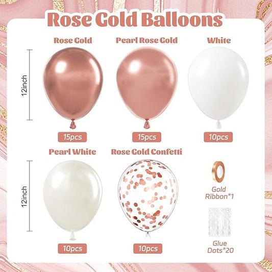 60pcs Rose Gold Balloons 12inch with Pearl White Rose Gold Confetti Balloons for Engagement Bridal Shower Wedding Birthday Party Decorations