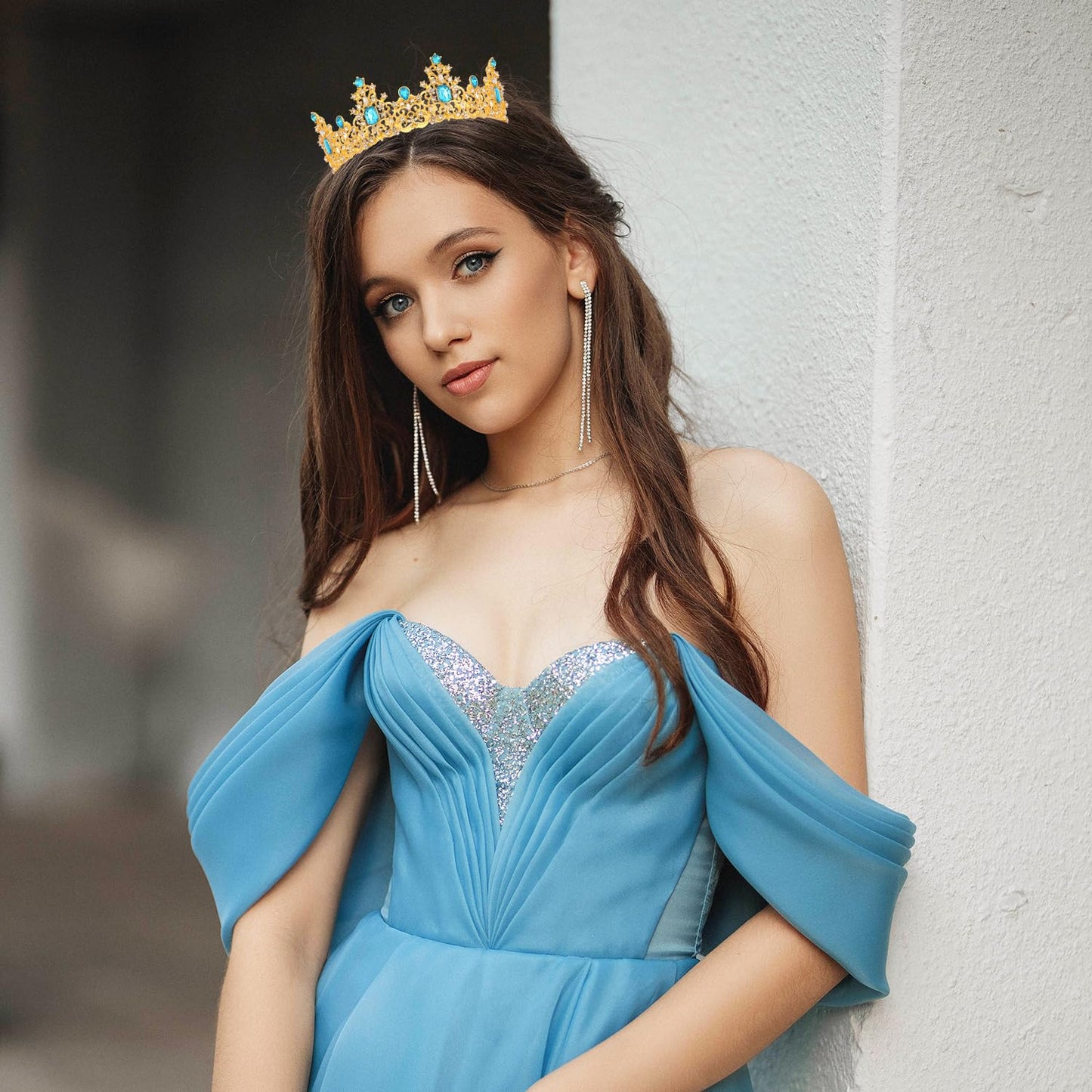 Didder Aqua Blue Gold Princess Crown Birthday Tiara Prom Queen Tiaras and Crowns for Women and Girls Halloween Costume Headpiece Hair Accessories