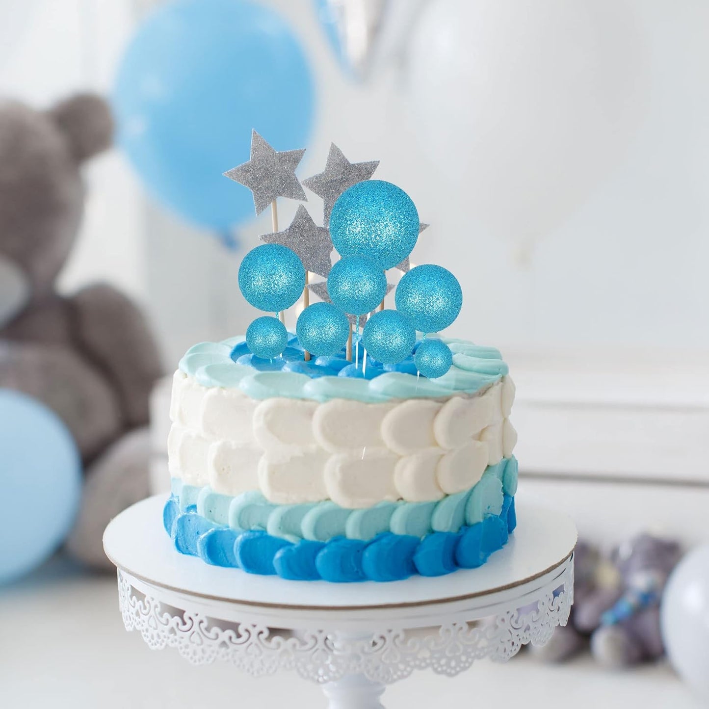 30Pcs Glitter Balls Cake Topper DIY Cake Insert Toppers Ball Cake Picks Cupcake Topper for Birthday Party Baby Shower Wedding Cake Decoration Blue
