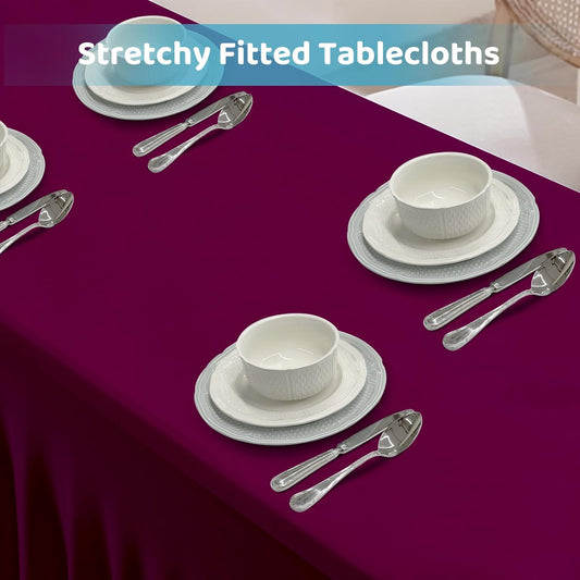 Table Skirts for 8ft Rectangle Tables - 2PCS Red Table Covers for 8 Foot Tables, Wrinkle Resistant Ruffles Elastic Table Cloths and Table Skirt for Banquets/Weddings/Parties/Birthday