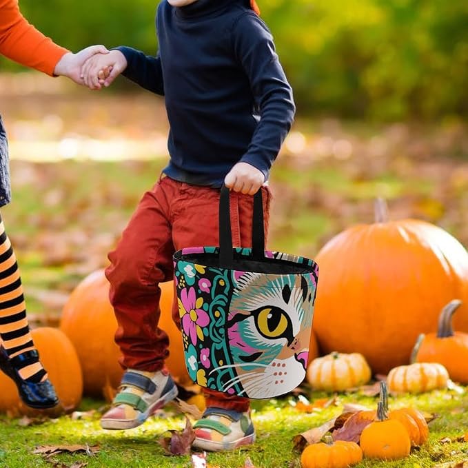 Halloween Candy Bucket - Exotic Cat Pattern Trick Or Treat Candy Bag, Gift Bag for Party Favor Supplies