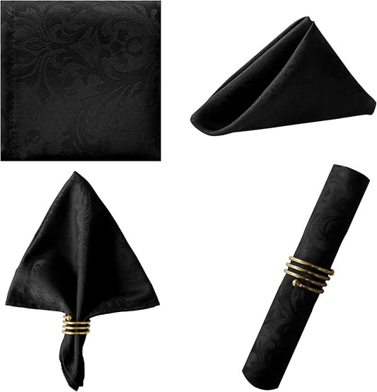 SASTYBALE 4 Pieces Napkin Set, Damask Wrinkle Resistant Soft Polyester Napkins, Fabric Cloth Dinner Napkins for Daily, Wedding, Birthday, Anniversary, Holiday, Parties, Set of 4 (Black, 20X20 Napkin)