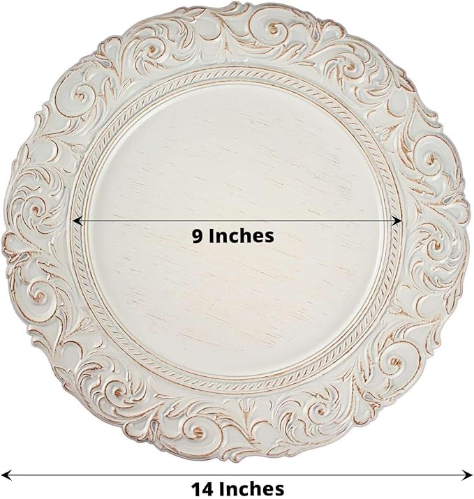 Efavormart Set of 6 Antique White/Gold 14" Round Plastic Charger Plates With Engraved Baroque Design Rim For Wedding Party Events