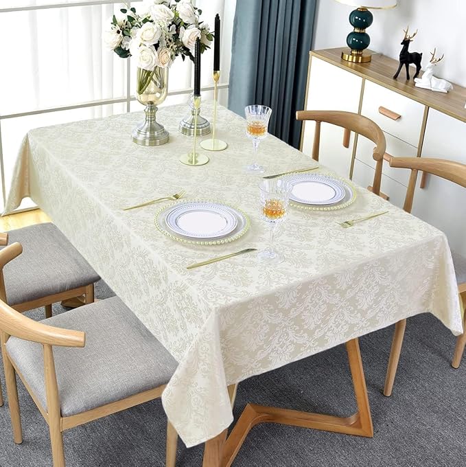SASTYBALE Rectangle Tablecloth - 52 x 52 Inch Beige Cream Damask Table Cloth Jacquard Design Spill Proof Wrinkle Resistant Waterproof Soft Polyester Oblong Table Cover for Kitchen Parties(Ivory)