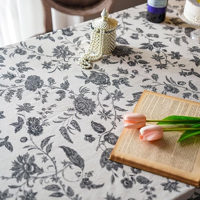 SUTAVIA Boho Cotton Linen Tablecloth Bohemian Black Floral Beige Fabric Tassel Lace Farmhouse Table Top Dust-Proof for Home Kitchen Holiday Party Dining Table (Black Flower, Oval, 60"x84")