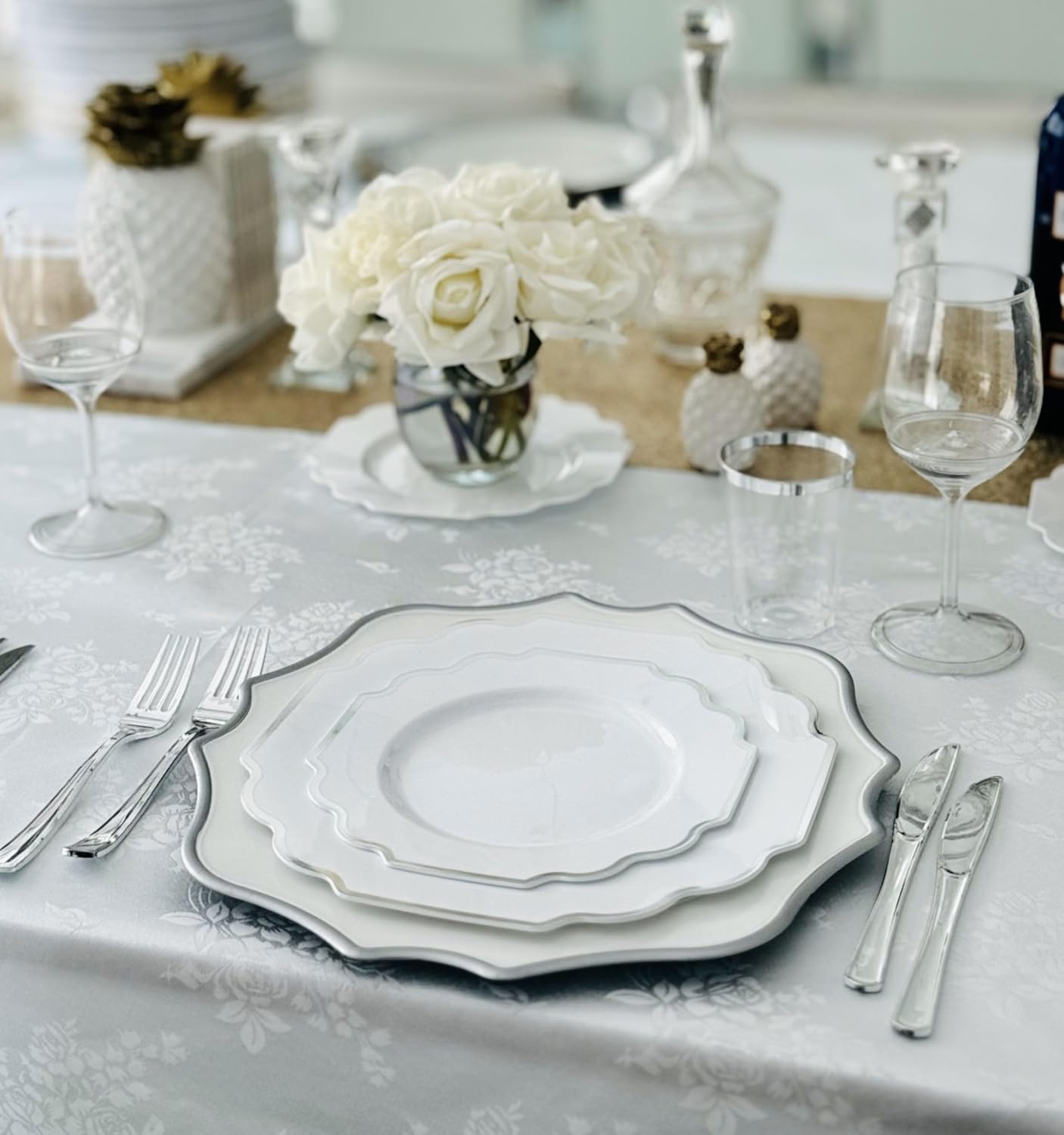 " OCCASIONS " 120 Plates Pack,(60 Guests) Heavyweight Wedding Party Disposable Plastic Plates Set -60 x 10.5'' Dinner + 60 x 8'' Salad/Dessert Plate (Imperial in White & Silver Rim)