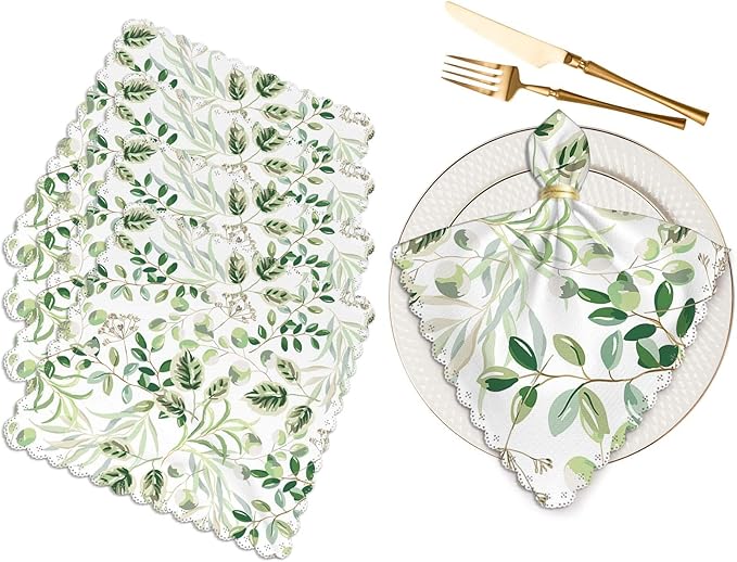 Yibeas Green Leaves Cloth Table Napkins Set of 4 Summer Greenery Floral Nature Botanical Plants Table Decoration Dinner Napkins for Kitchen 18 x 18 inch