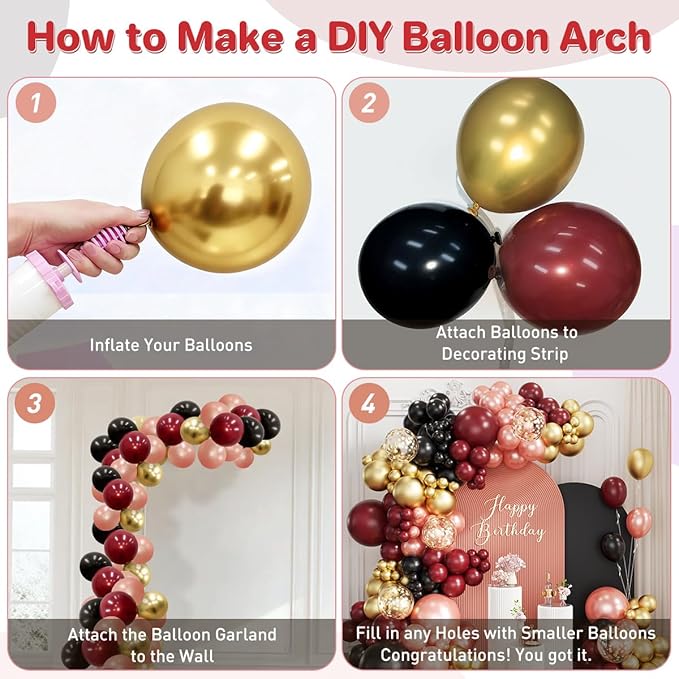 Burgundy Balloon Garland Arch Kit, 167Pcs Maroon Pearl Rose Gold Black Balloons for Birthday Graduation Bridal Shower Party Decorations