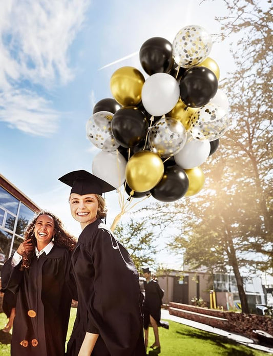 Black and Gold Balloons, 60 Pcs 12 Inch Graduation Balloons, Metallic Black Gold White Confetti Balloons, for Graduation Party 2026, Birthday, Wedding, Retirement Party Decor