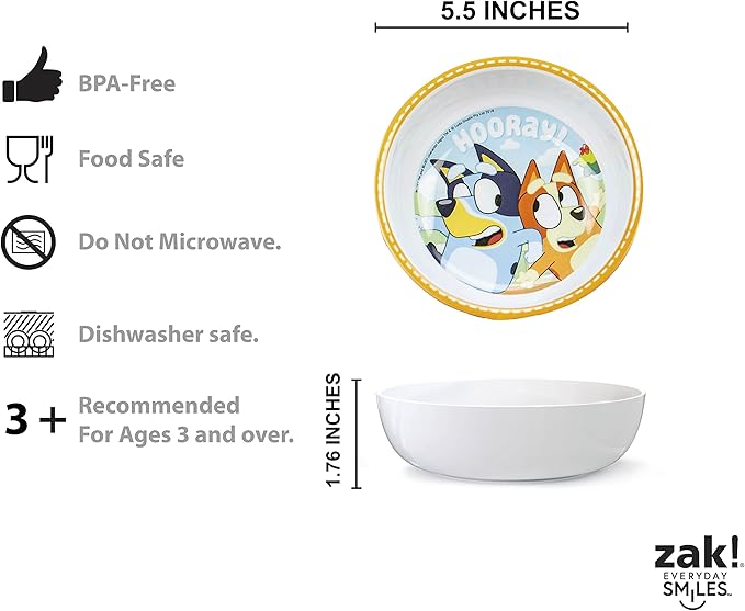 Zak Designs 5-Piece Dinnerware Set, Bluey - Durable Plastic & Stainless Steel - Includes Tumbler, 8-Inch Plate, 6-Inch Bowl, Fork & Spoon - Suitable for Kids Ages 3+
