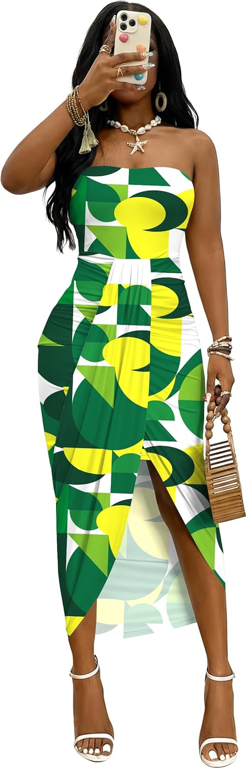 Umenlele Women's Strapless Ruched High Waist Wrap Split Asymmetrical Beach Maxi Long Dress