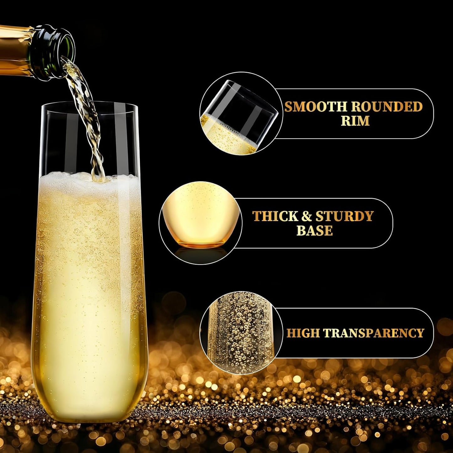 Guanqiao 24 Pack Stemless Plastic Champagne Flutes, 9 oz Clear Disposable Plastic Glasses, Heavy Duty Shatterproof Recyclable Mimosa Glasses for Party Wine Tasting Wedding New Years Eve Party Supplies