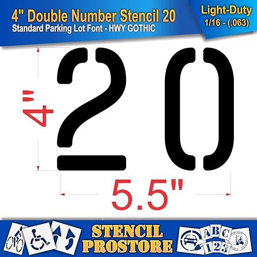 Pavement, Curb, and WheelStop Stencils - 4 inch Double Number Stencil - (20) - 4" x 5.5" x 1/16" (63 mil) - Light-Duty