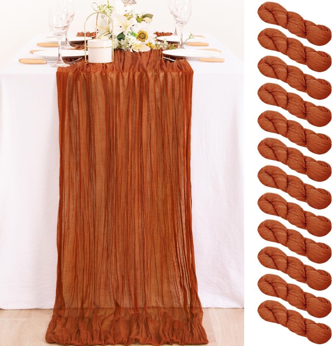 MLMC 12 Pack Terracotta Fall Thanksgiving Table Runner 10ft Rustic Rust Burnt Orange Rust Cheesecloth Table Runner for Outdoor Picnic Gatherings Party Events Thanksgiving Decor