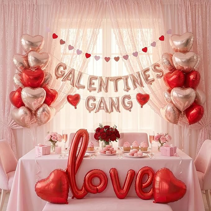 Galentine's Day Party Decorations Kit for Her & Rose Gold "GALENTINES GANG" & Red Heart LOVE Letter Foil Balloons for Women Girls BFF Valentine's Bestie Celebration Decorations