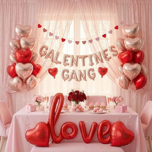 Galentine's Day Party Decorations Kit for Her & Rose Gold "GALENTINES GANG" & Red Heart LOVE Letter Foil Balloons for Women Girls BFF Valentine's Bestie Celebration Decorations