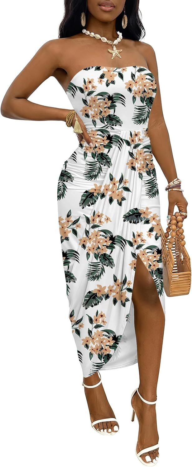 Umenlele Women's Strapless Ruched High Waist Wrap Split Asymmetrical Beach Maxi Long Dress