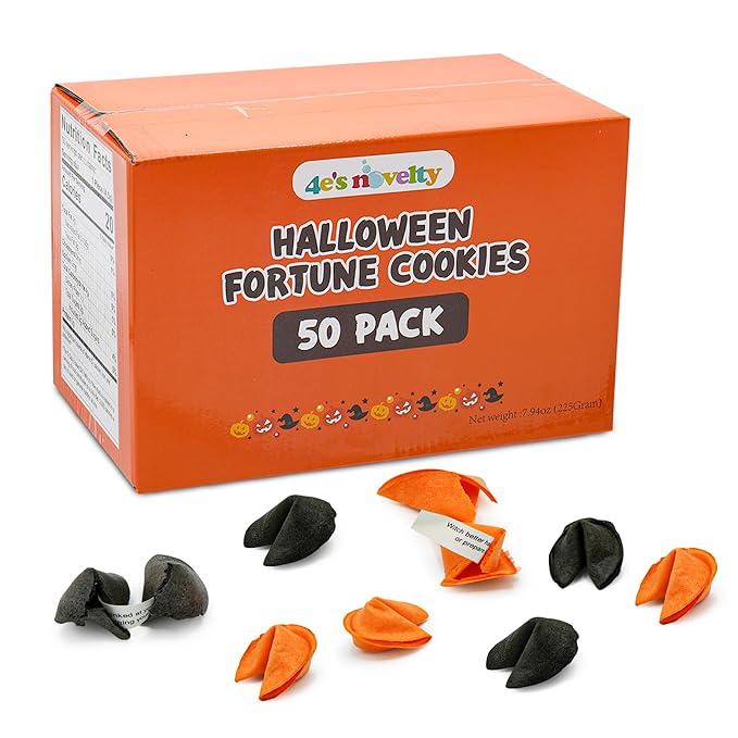 4E's Novelty Halloween Fortune Cookies Bulk - 50 Individually Wrapped with 50 Funny & Scary Fortune Cookies Sayings for Kids & Adults, Trick-or-Treat Perfect for Halloween Party