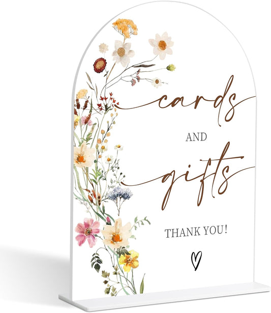Cards and Gifts Sign, Flower Style Gift Table Sign for Wedding Reception, Bridal Shower and Engagement, Centerpiece Party Decorations, Wedding Shower Favors, 6X8 Inch Acrylic Arch Sign with Stand,14