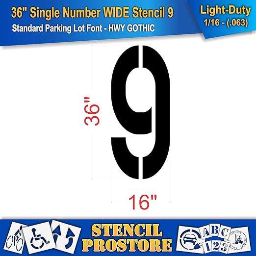 Pavement Stencils - 36 inch Single Number Stencil (Wide) - 9-36" x 16" x 1/16" (63 mil) - Light-Duty
