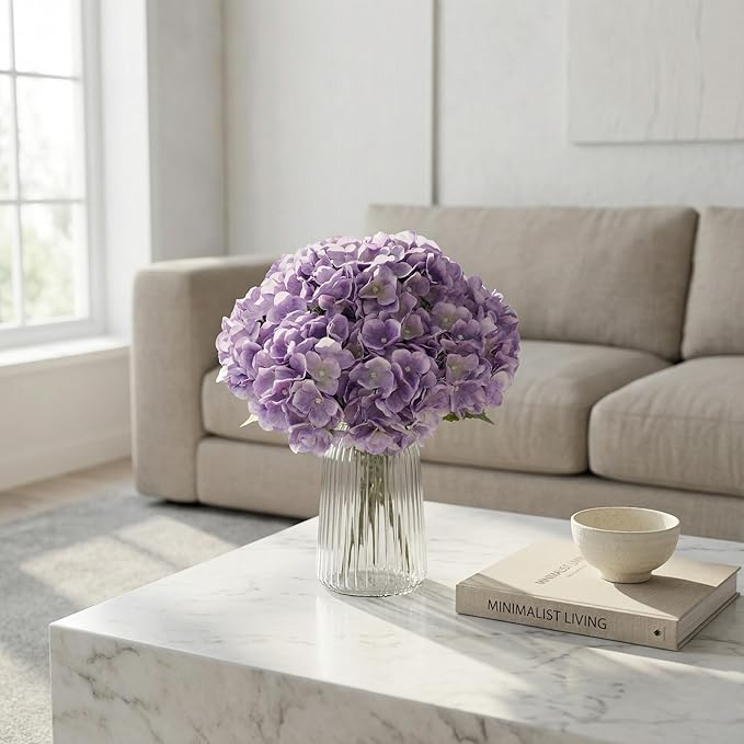 2Bouquets Artificial Fake Flowers Plants Silk Hydrangea Arrangements Wedding Bouquets Decorations Plastic Floral Home Kitchen Garden Party Festival Bar DIY (Lavender,5 Flower Heads)