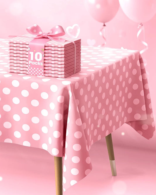 Pureegg Plastic Table Cloth Disposable 10 Pack, 54 x 108 Inch Table Cloths, Birthday, Wedding, Pink Girl Party, Picnic, Decorative Tablecloths, Rectangle Cover, Leakproof & Sturdy, Pink Polka Dot