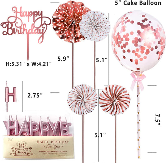 Rose Gold Cake Topper Decorations with Happy Birthday Candles, Acrylic Birthday Cake Topper, Confetti Balloon and Paper Fans for Rose Gold Theme Birthday Party Décor
