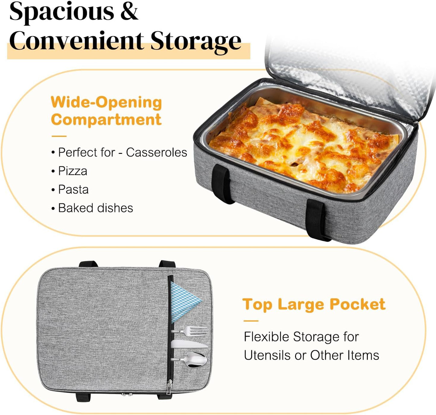 Coobiiya Insulated Casserole Carrier – Portable Tote for Hot or Cold Food, Warmer & Cooler Bag Lunch Bag, Fits 9" x 13" Baking Dish, Ideal for Potluck Parties – Grey