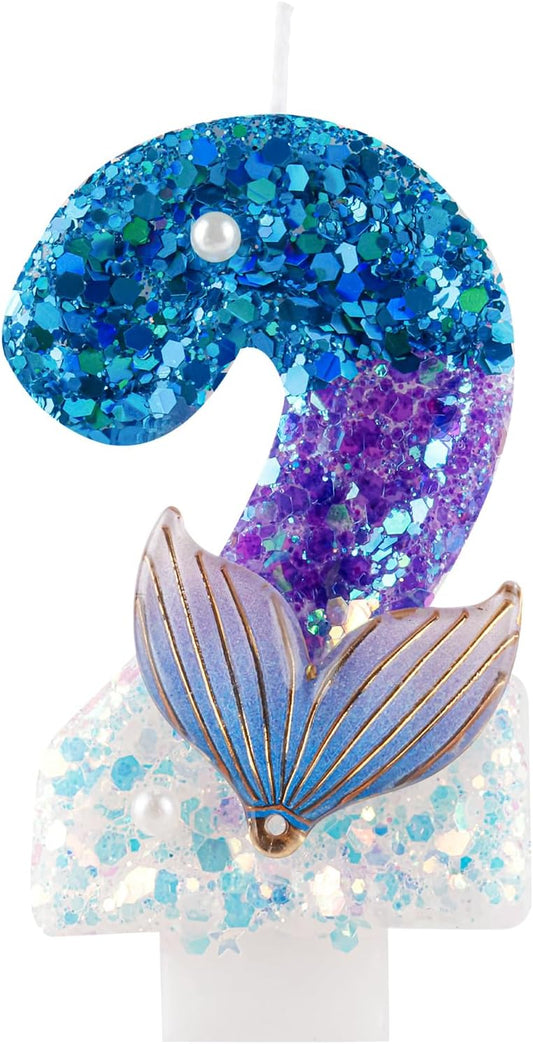 Girls Sparkler 2 Birthday Number Candles,Blue Purple Pearls Mermaid Tail Number Birthday Candles for Girls 2 Birthday Cakes Mermaid Themed Birthday Decorations Party Favors Number 2 Candle Cake Topper