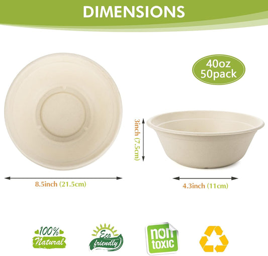 Green Swan Disposable Paper Bowls, 40 Oz [50 Pack] Large Bowl-100% Compostable, Biodegradable, Eco-Friendly Natural Colour Bowls - Convenient for Daily Use for Salad, Hot Soup, and Pasta