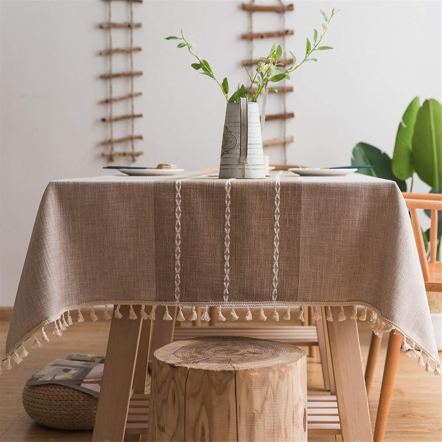 Cotton Linen Tablecloth, Tassel Stitching Table Cloth, Wrinkle Free Farmhouse Table Cover for Kitchen Dining, Party, Holiday (Rectangle, 55''x70'', 4-6 Seats, Beige)
