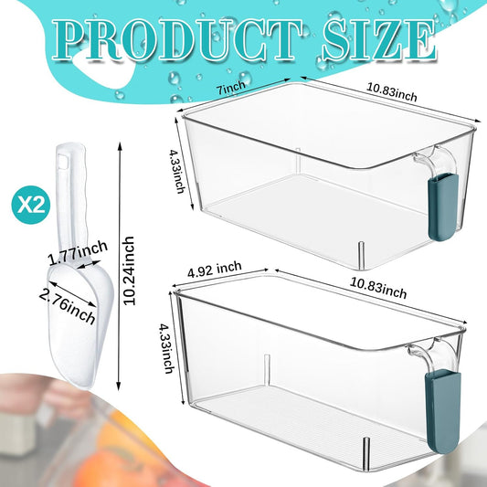 Havawish 2 Set Ice Bin and Flexible Scoop Set Plastic Freezer Ice Bin with Pull out Handle Storage Bucket Clear for Container with Bucket Scoop (10.83 x 7 x 4.33 In,10.83 x 4.92 x 4.33 in,Dark Blue)