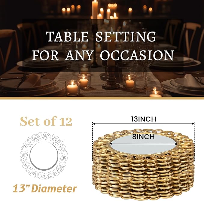 MAONAME 13" Gold Charger Plates Set of 12, Mirror Charger for Dinner Plates, Plastic Plate Chargers with Embossed Rims, Round Chargers for Table Setting, Wedding