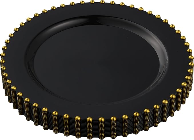 PLASTICPRO 32 Piece Combo Plastic Dinner Plates Disposable Plastic Fancy Heavy Duty Party Dishes 7 inch and 10 inch, Black and Gold Beaded