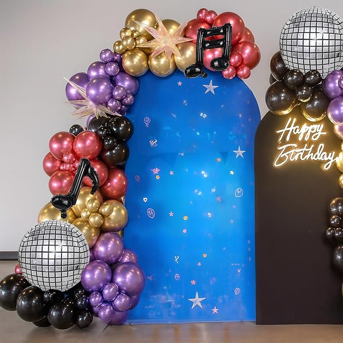 Disco Balloon Arch Kit, Metallic Chrome Red Purple Gold Black Kpop Balloon Garland with Foil Star Music Note Balloons for Kpop Music Decoration 80s 90s Disco Birthday Galaxy Theme Grad Prom Graduation