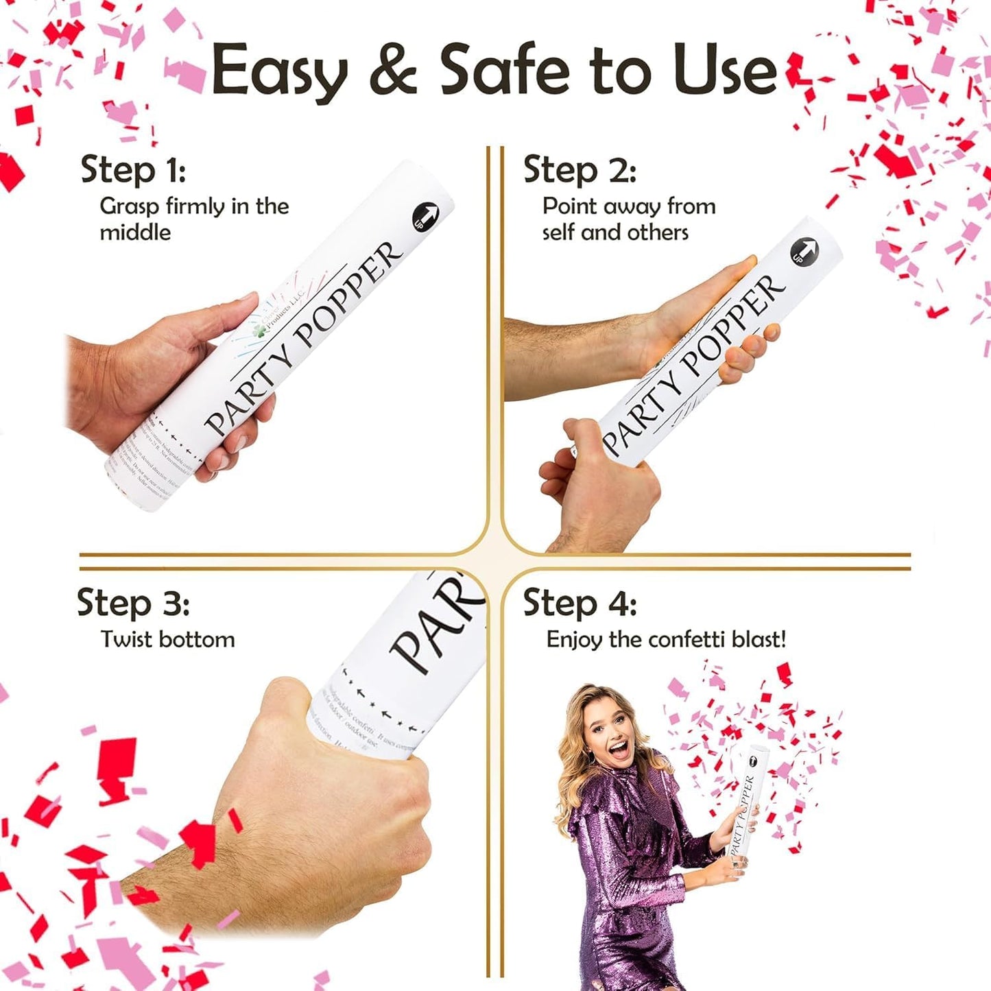 Clover Products 12" Biodegradable Confetti Poppers | 6 Pack | Red & Pink Poppers for Weddings, Birthdays & Events | Air-Powered, Safe & Easy to Use | Shoots 25 Feet for Indoor & Outdoor Celebrations