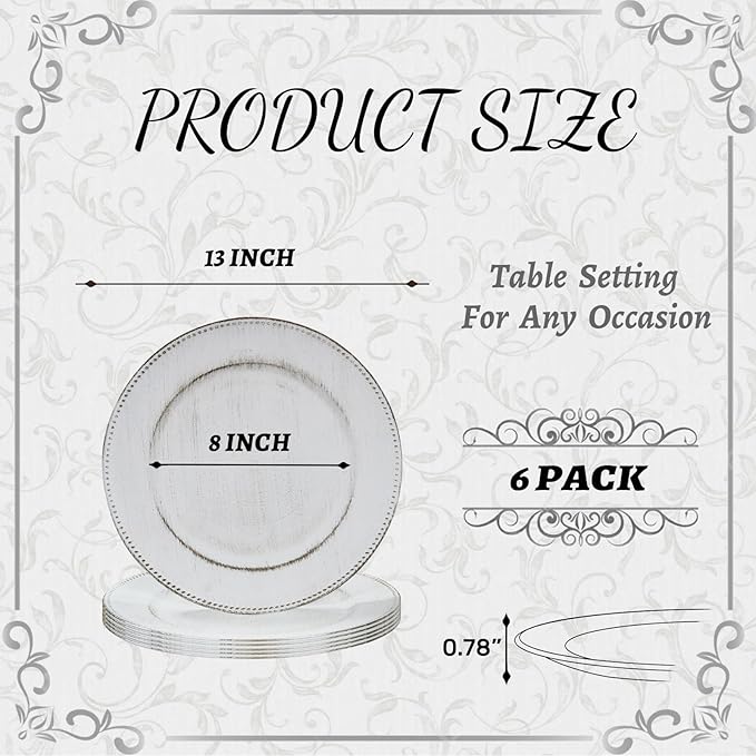 MAONAME 13" Round Charger Plates Set of 6, Antique White Plate Chargers, Plastic Charger for Dinner Plates, Beaded Table Chargers for Wedding, Party