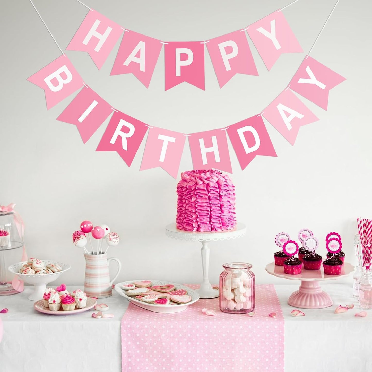 Pink Happy Birthday Banner Birthday Party Banner NO DIY Happy Birthday Sign Pre-Strung Birthday Hanging Decoration for Women Men Girl Boy Party Supplies (Pink)