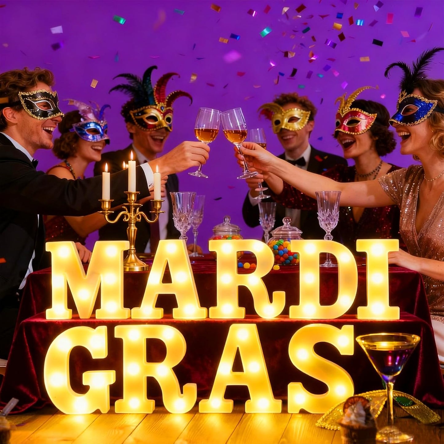9 Pcs Mardi Gras Large LED Letter Sign LED Lights Battery Powered Table Decoration for Party Gift Tabletop Decoration