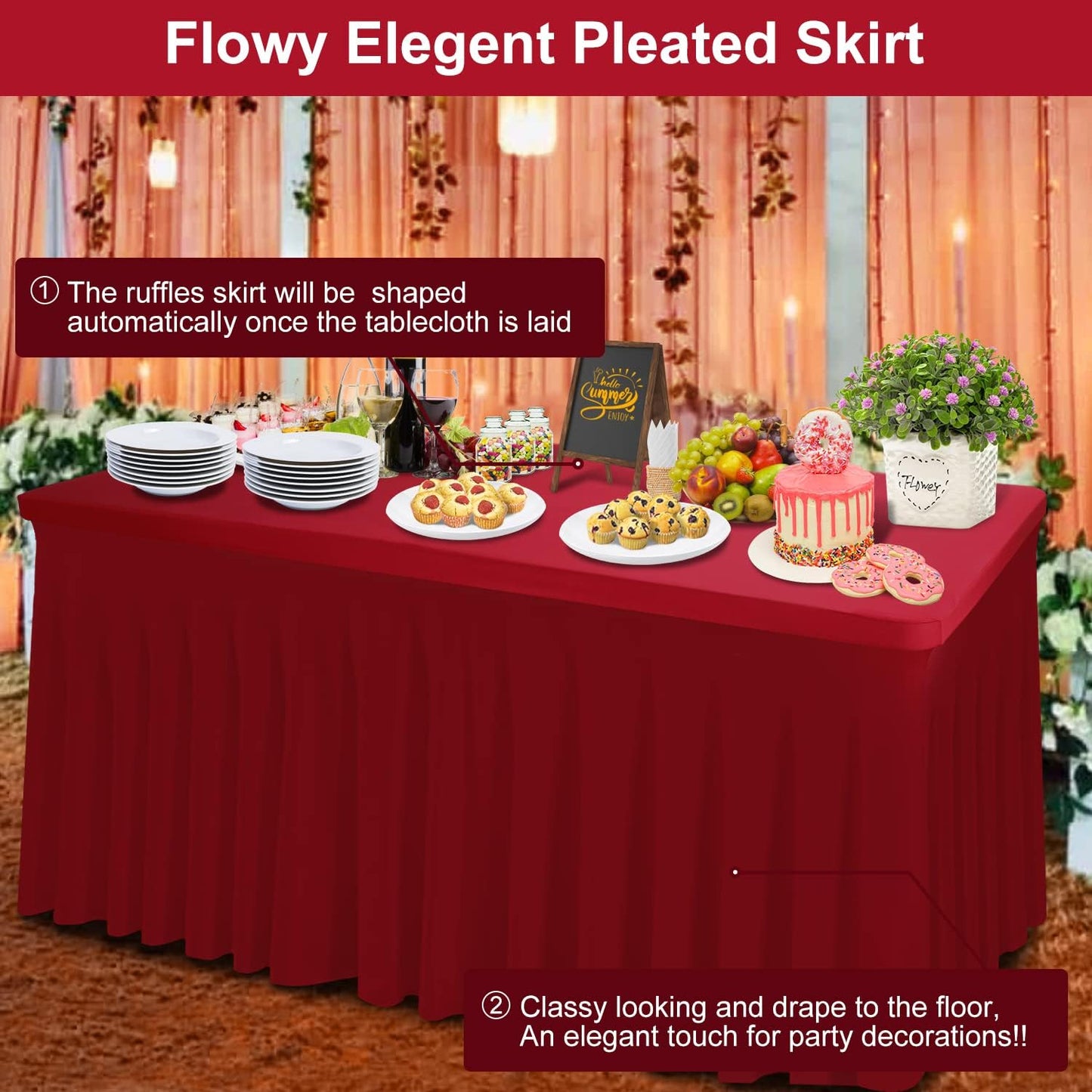 Thick 2 in 1 Spandex Table Skirt Cover 4ft, Rectangle Fitted Tablecloth with Pleated Skirt, Wrinkle Free Rectangular Table Cloth for Banquets Vendor Event (Burgundy, 48"*24"*29")
